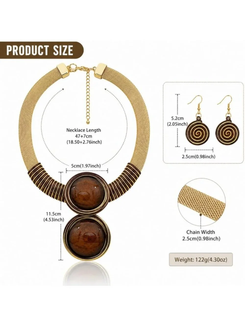 Chunky Gold Mesh Bib Necklace Set with Round Pendant & Spiral Earrings - Artisan